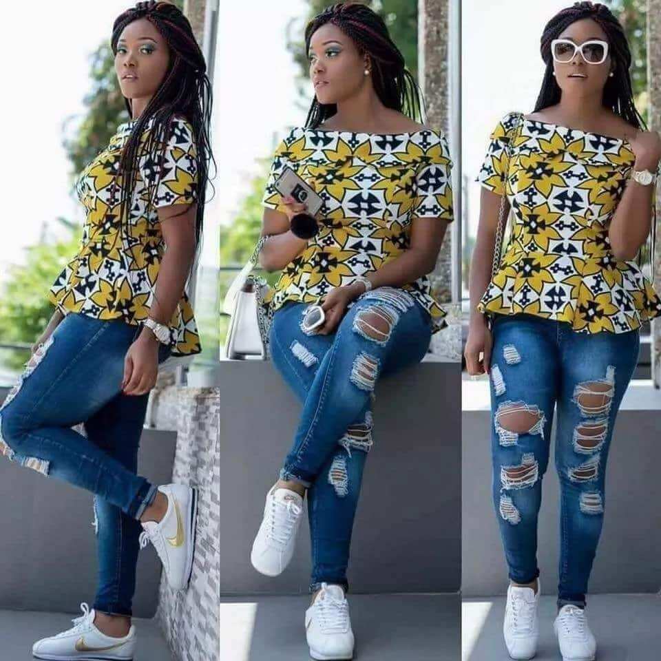 ankara tops for ladies
stylish tops to wear with jeans
ankara blouse on jeans
trendy styles made with ankara
peplum ankara tops
ankara tops designs
