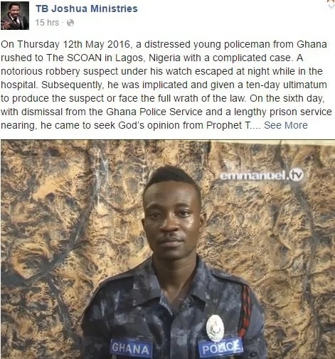 Ghana police official consults T.B Joshua over escapee robber
