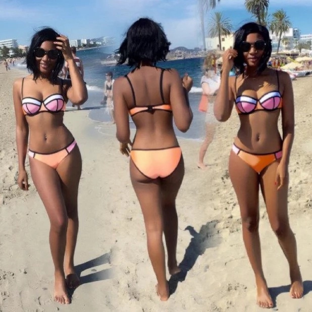 Sandra Ankobiah in a swim suit before her huge body now. Photo credit: Sourced.