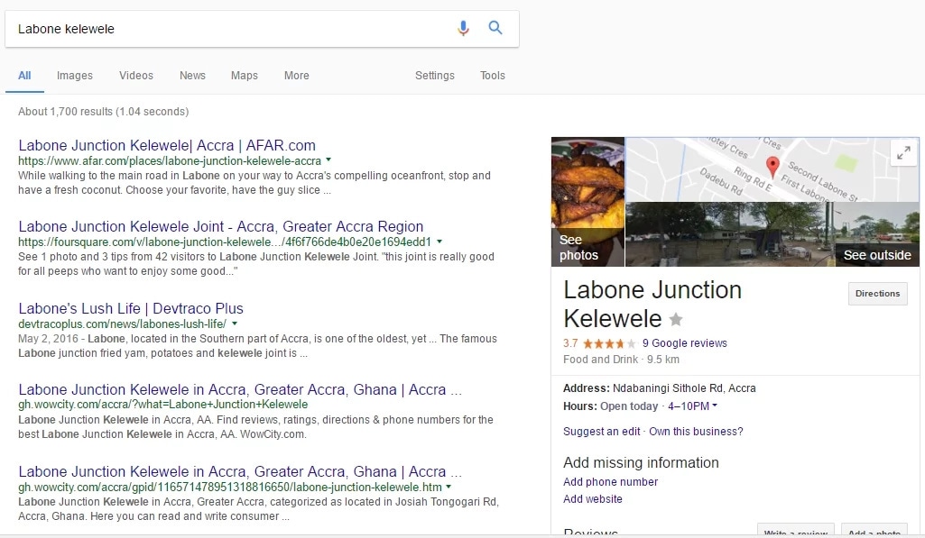 A Google Search results page for "Labone Kelewele" / Google.com