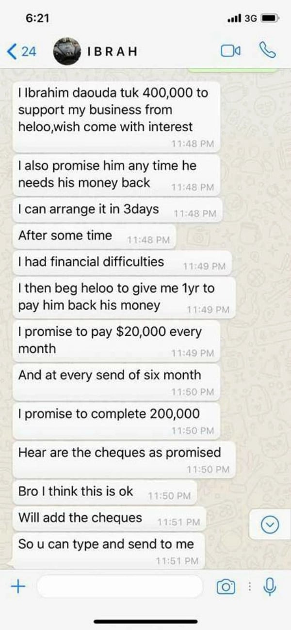 'Leaked' Whatsapp chats suggest Ibrah owes Heloo $400k