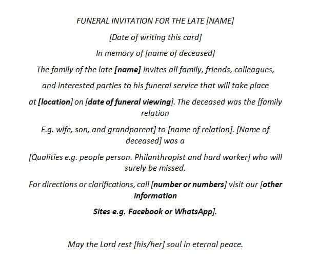 Funeral invitation letter sample
Memorial service invitation letter
Funeral viewing invitation