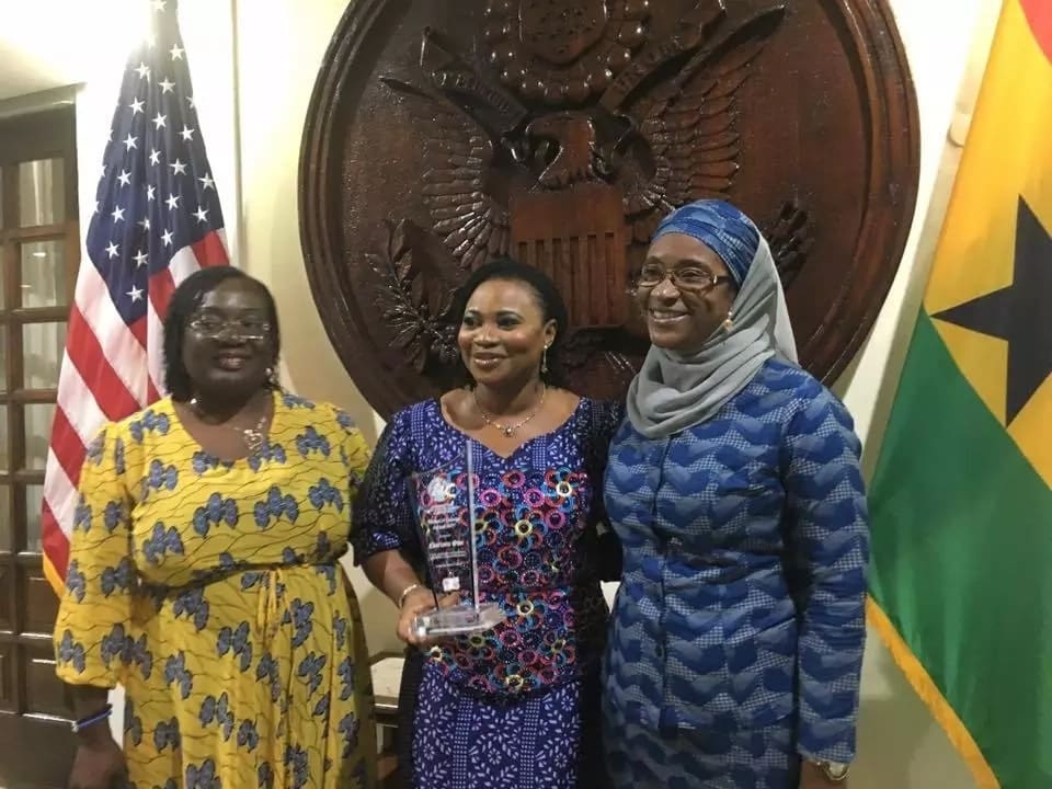 Mrs Charlotte Osei, Chairperson of the Commission, flanked by her colleague Commissioners, Mrs. Rebecca Kabuki Adjalo (L) and Hajia Saadatu Maida (R) after receiving the Woman of Courage award from the US Embassy