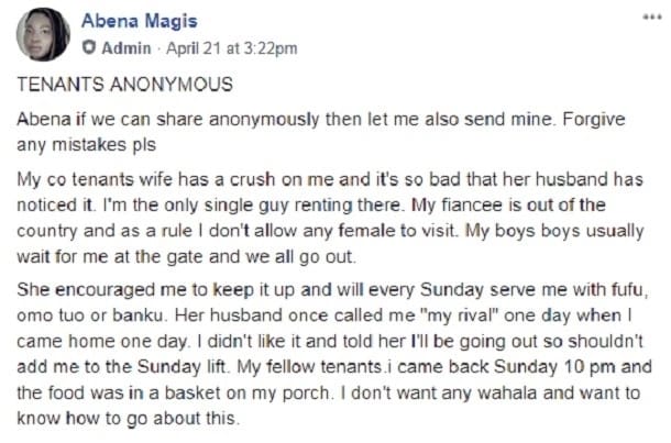 The wife of my co-tenant wants me, she serves me Fufu every Sunday - Confused tenant asks for help