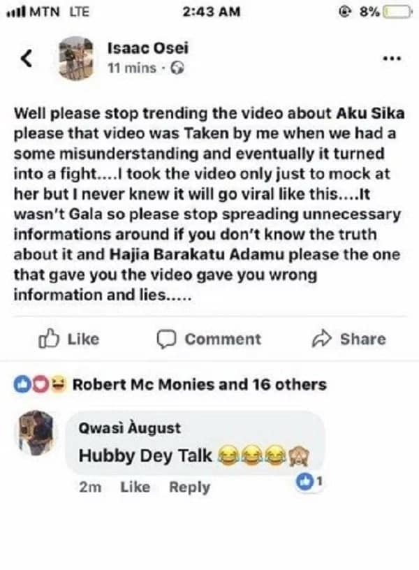 Akosua Sika's boyfriend's post