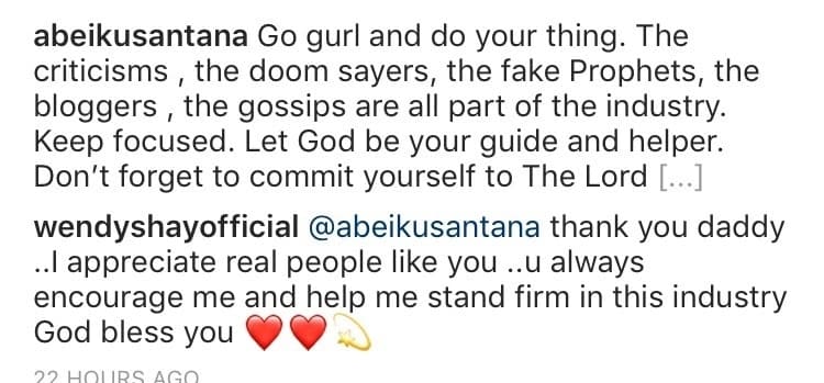 Abeiku Santana's comment and Wendy Shay's response. Photo credit: Instagram