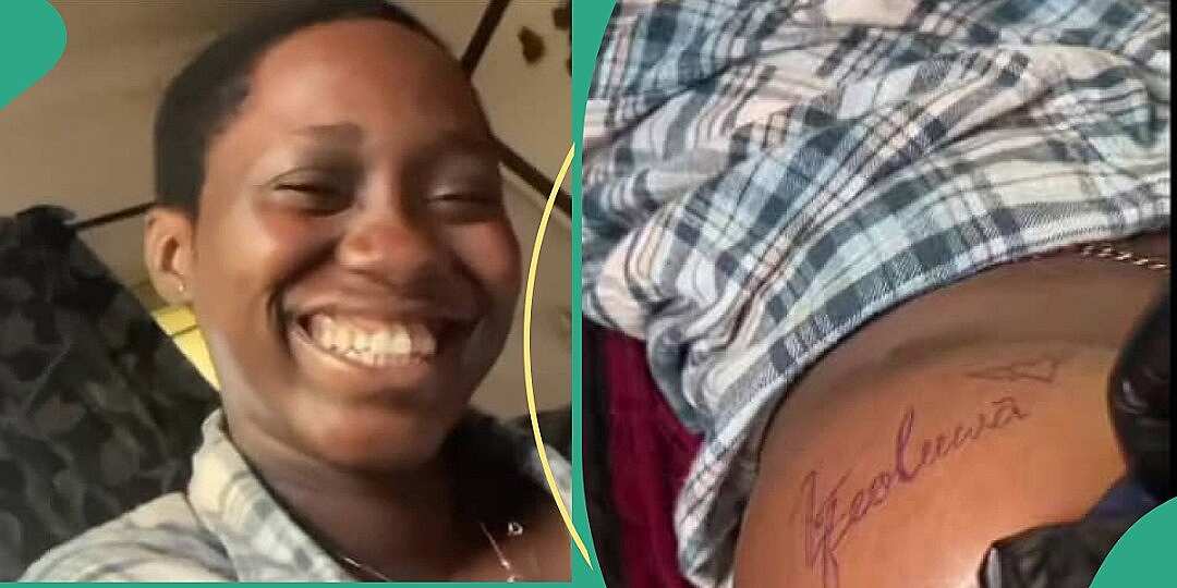 Lady gets fine tattoo of boyfriend's name on her body