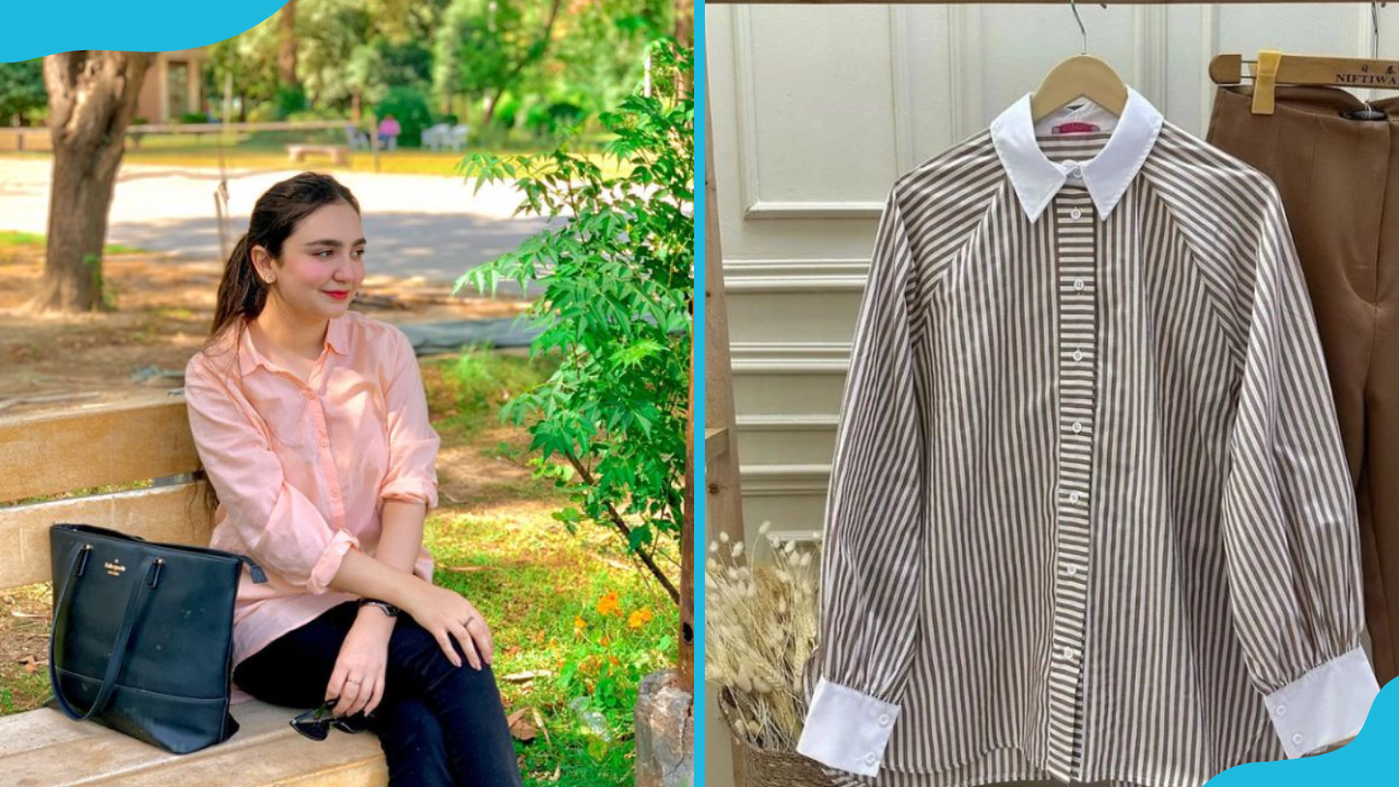Pink and stripped button-down tops for women.
