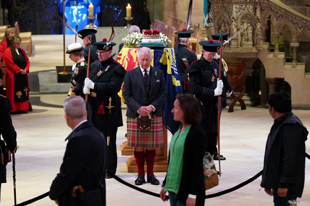 Charles, 73, Anne, the Princess Royal, 72, Andrew, the Duke of York, 62, and Edward, the Duke of Wessex, 58, stood eyes closed for about 10 minutes around the casket