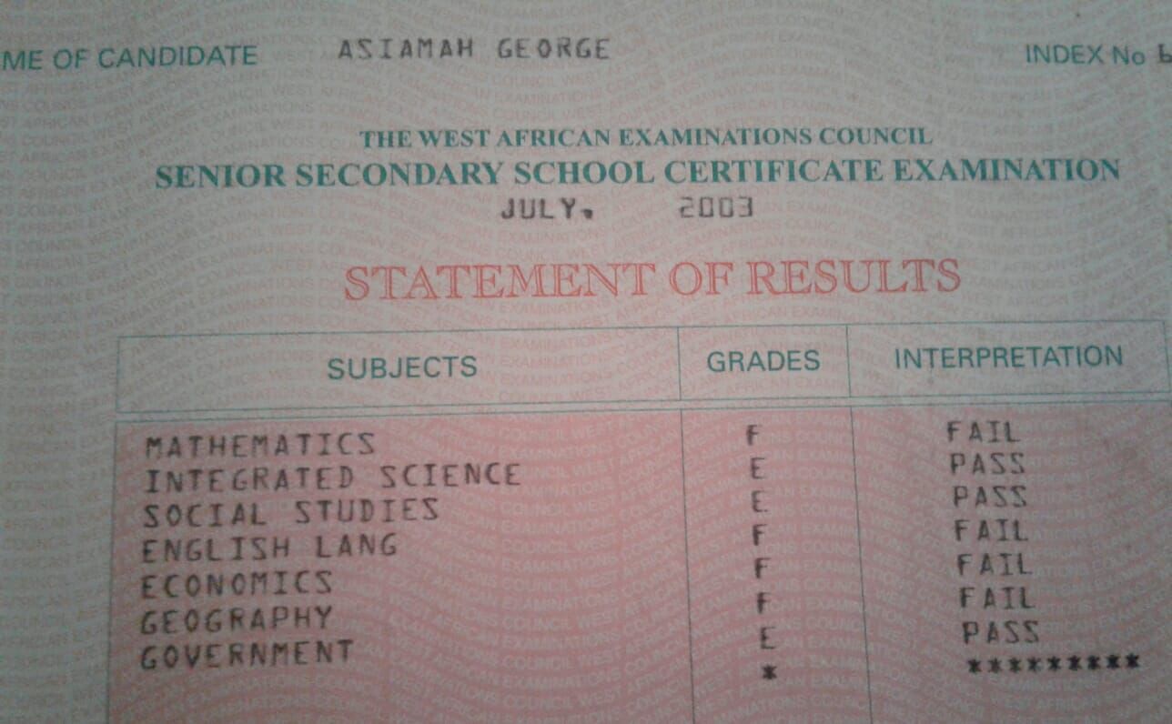 George Asiamah's SSCE results.