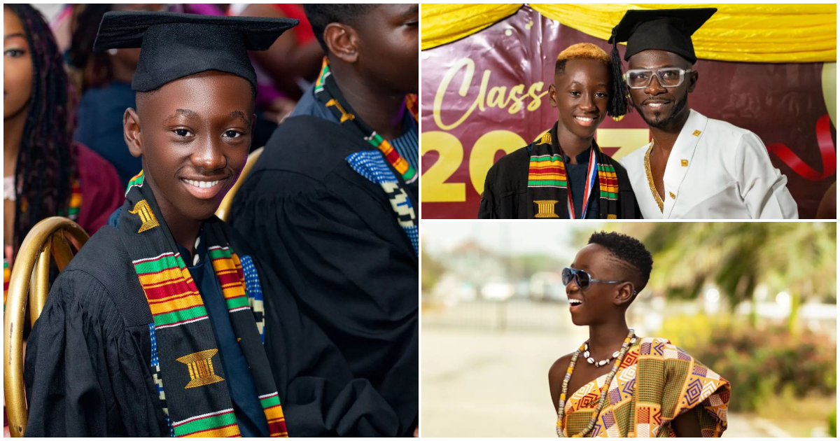 Okyeame Kwame looks dapper in white outfit as his son graduates from Galaxy International on scholarship