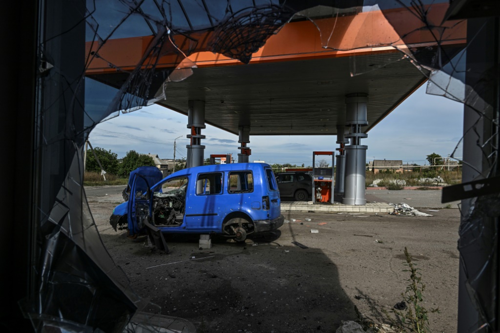 A destroyed car at a petrol station in Siversk, Donetsk region