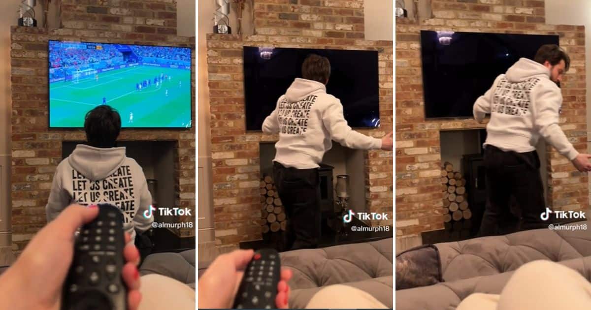 Woman turns off TV during pivotal moment in soccer game, viral video has peeps amused: "Divorce loading"
