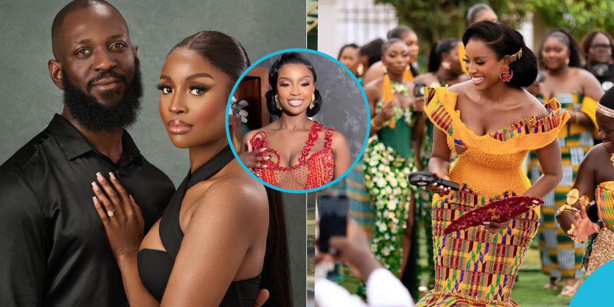Ghanaian makeup artist looks alluring in a corseted off-shoulder kente gown for her plush wedding