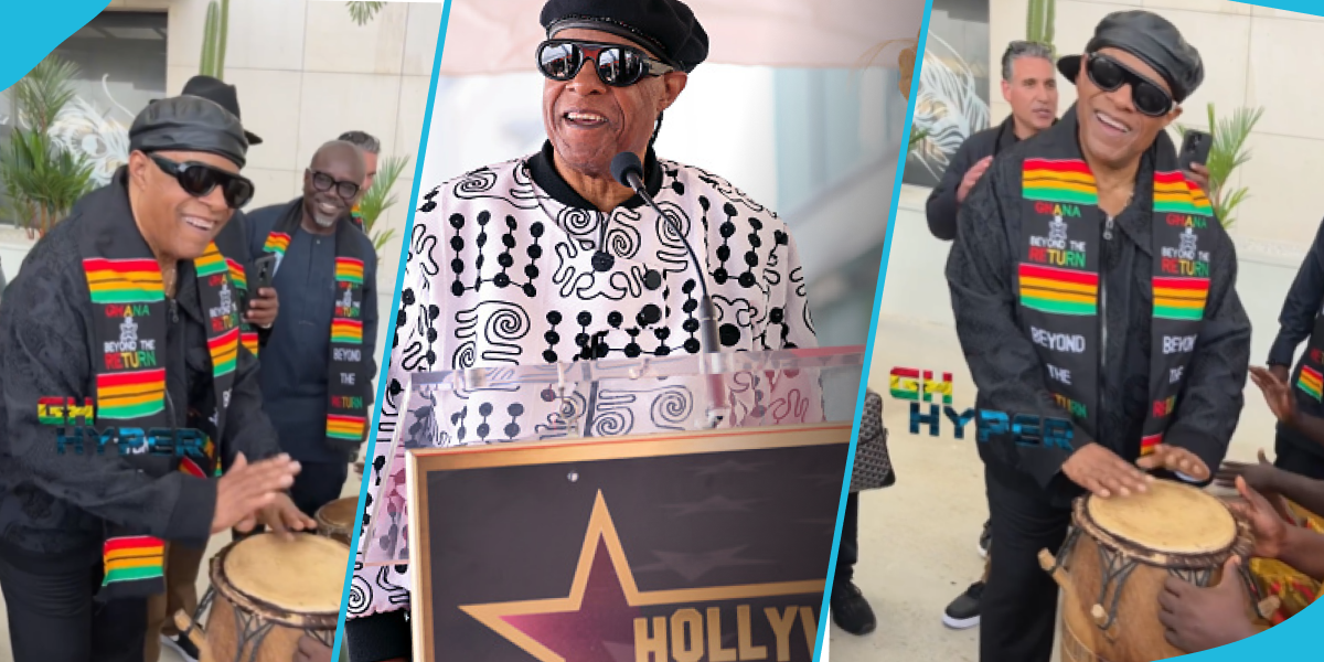 Stevie Wonder expertly plays drums as he is welcomed at Kotoka by cultural troupe