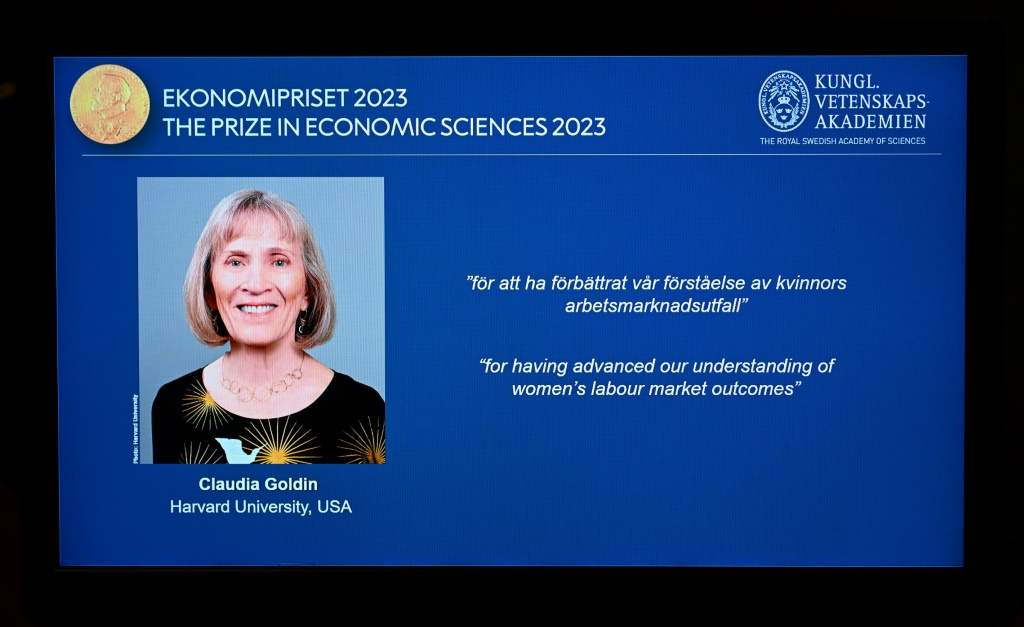 The winner of the 2023 Prize in Economic Sciences in Memory of Alfred Nobel American economist Claudia Goldin is seen on a display during a press conference at the Royal Swedish Academy of Sciences in Stockholm, Sweden, on October 9, 2023. The Nobel Economics Prize was awarded to American economist Claudia Goldin for helping understand women's opportunities in the labour market.