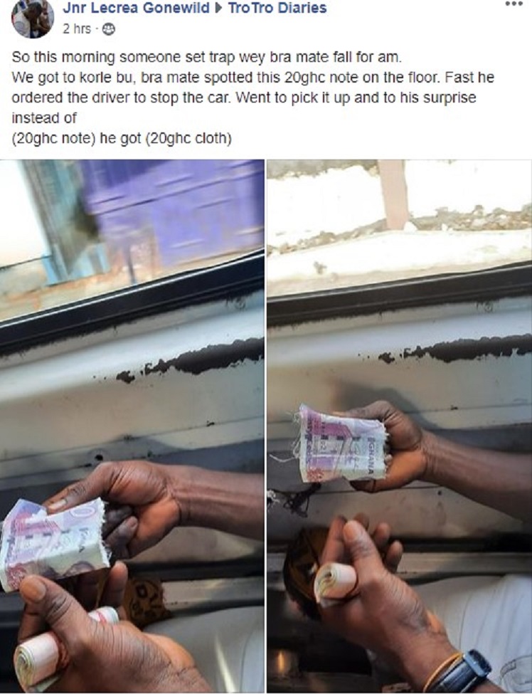 'Trotro mate' gets surprise of his life; discovers GhC 20 note is actually 'GhC 20 cloth'
