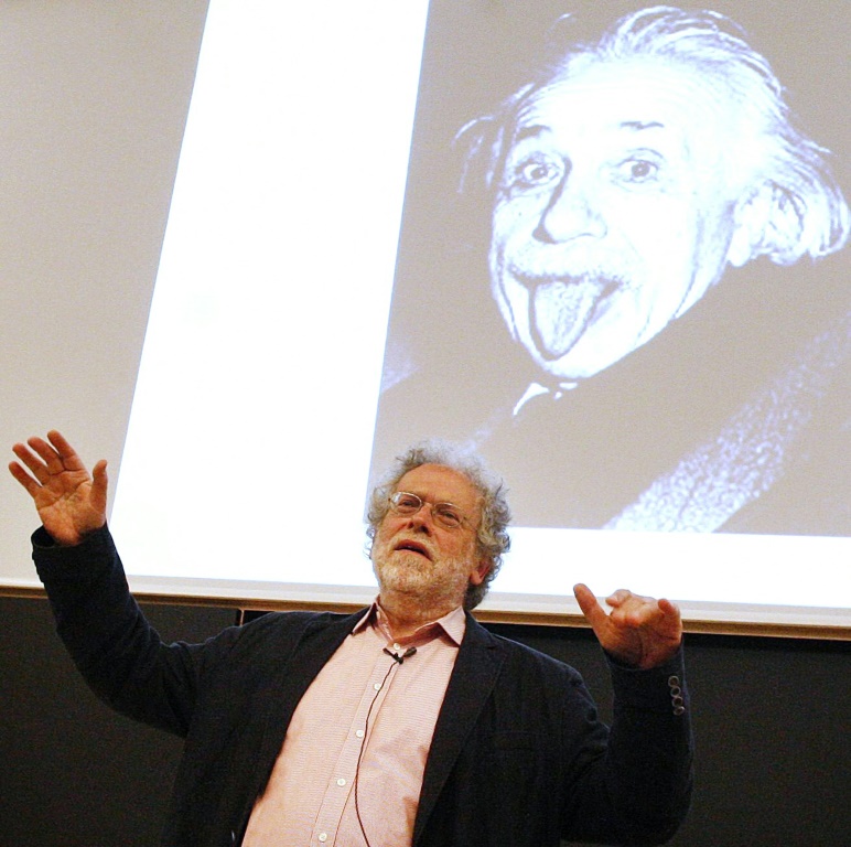 New Nobel laureate Anton Zeilinger in front of a famous picture of Albert Einstein sticking out his tongue