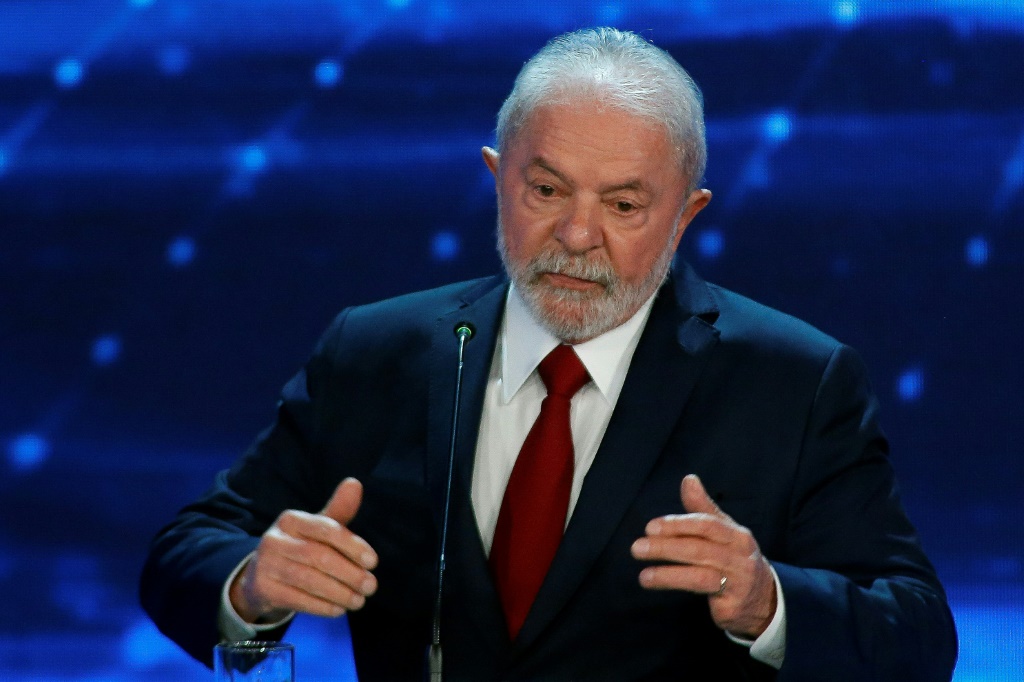 Brazilian former President (2003-2010) and presidential candidate for the leftist Workers Party (PT) Luiz Inacio Lula da Silva gestures during the presidential debate ahead of the October 2 general election, at Bandeirantes television network in Sao Paulo, Brazil, on August 28, 2022