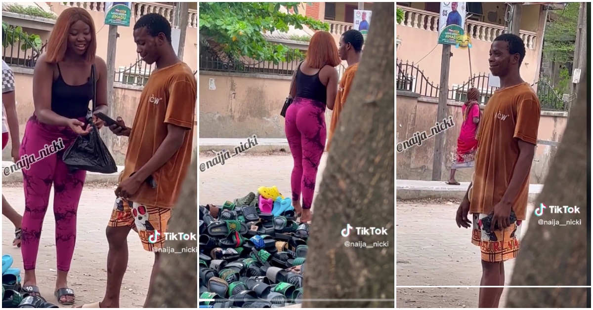 Photos from video of lady who pranked a slippers seller and walked away for free