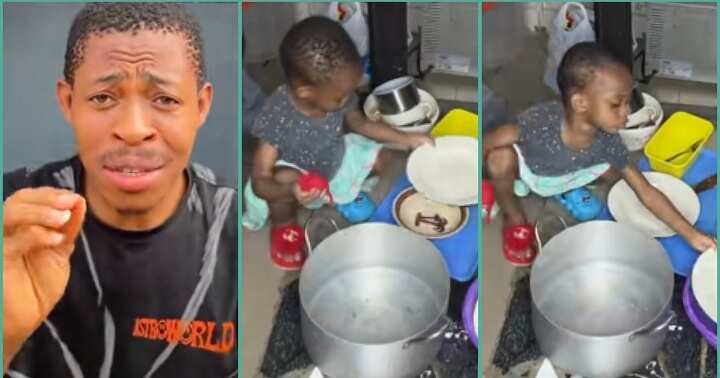 Hardworking little girl washes plates at home