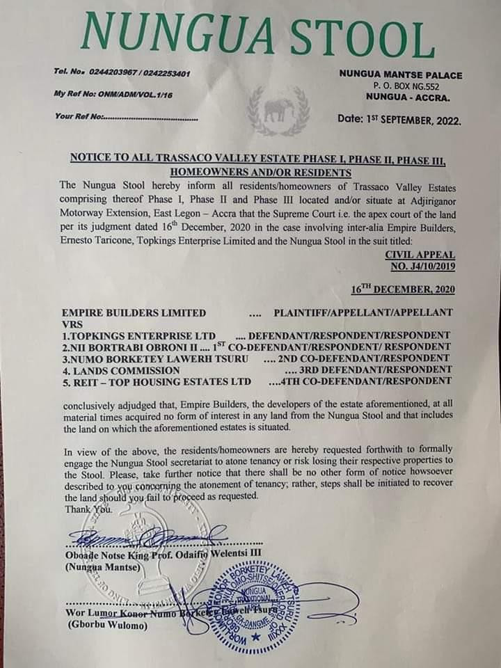 Nungua Stool's notice to Trassaco Valley homeowners. Source: UGC