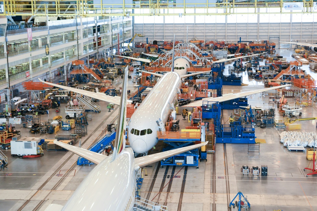 This handout photo released by Boeing on August 10, 2022 shows Boeing 787 aircraft during final assembly production at Boeing in Charleston, South Carolina on August 4, 2022. Boeing delivered a 787 Dreamliner to American Airlines on August 10, the first of that aircraft to be sent to a customer in over a year due to defects discovered in the plane.