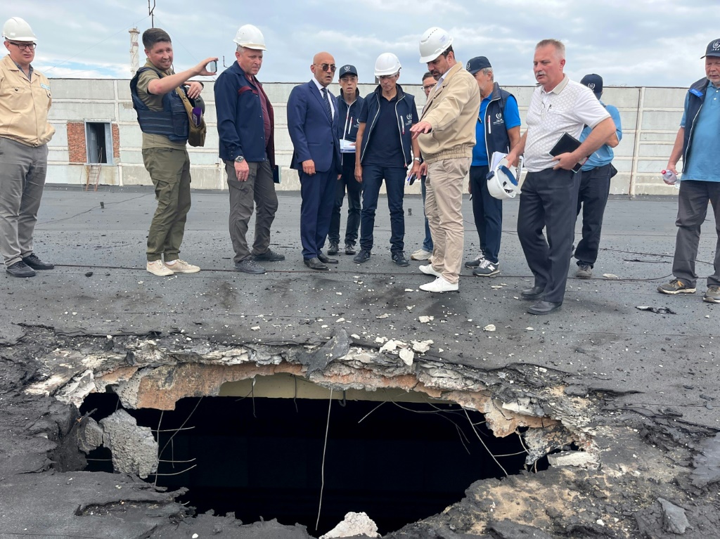 Members of the IAEA team inspected the damage caused by shelling during a recent visit to the plant