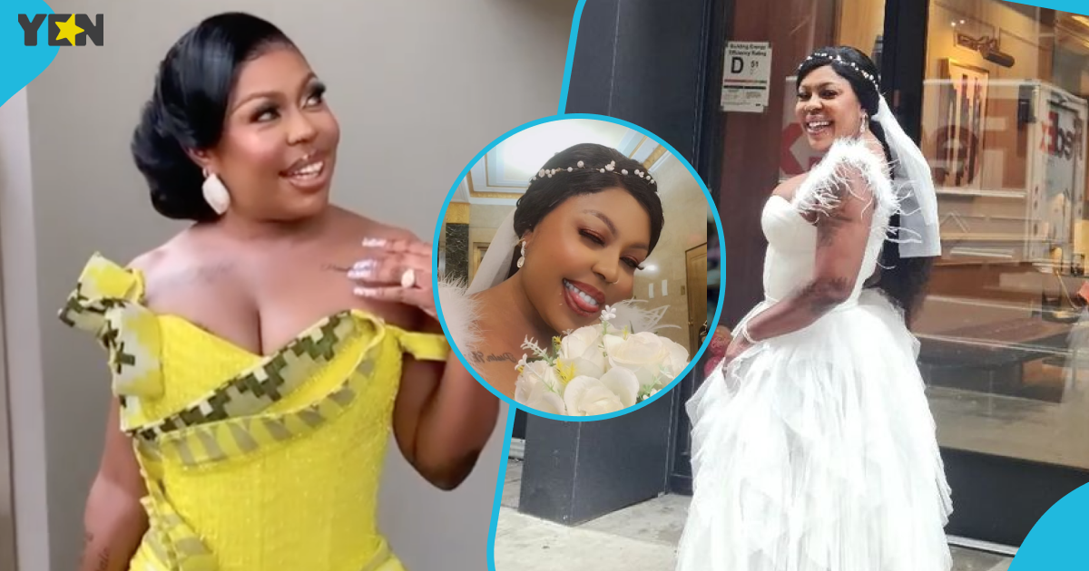 Afia Schwarzenegger looks glamorous in white ruffled lace gown for her classy white wedding in New York, Tracey Boakye react