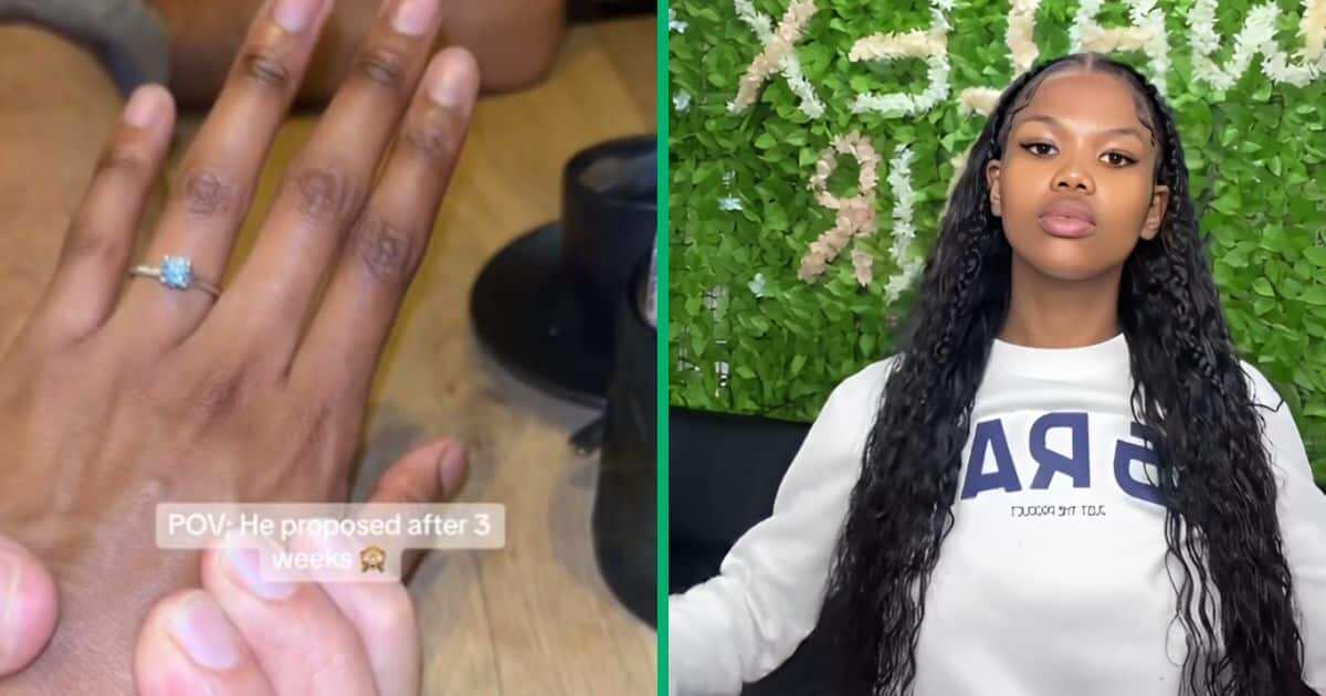 A TikTok user who got engaged after three weeks of meeting her partner showed off her ring.