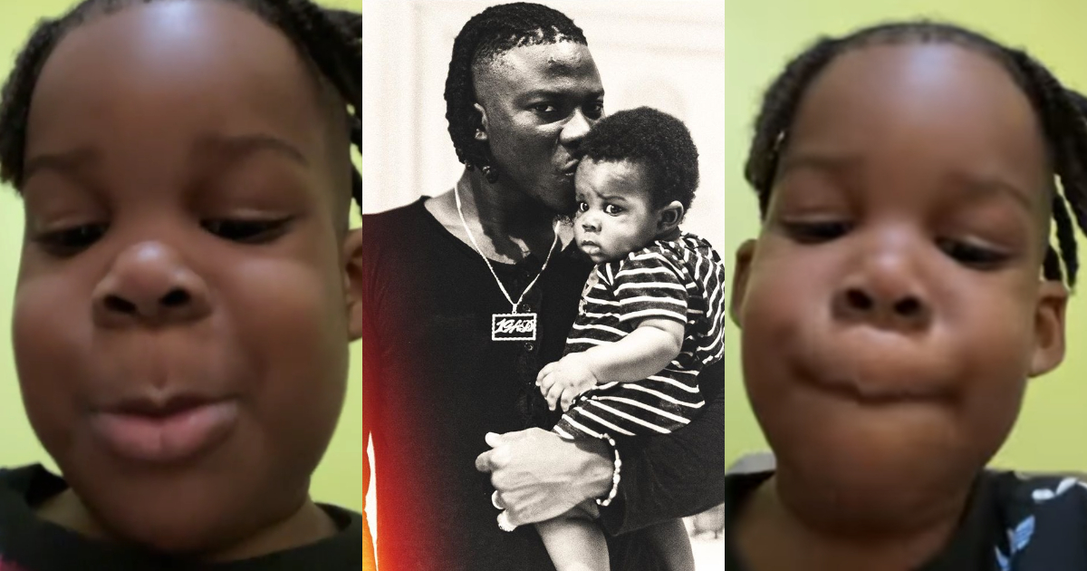 Stonebwoy’s son takes mum Louisa’s phone to record himself rapping; fans admire his father like son skills