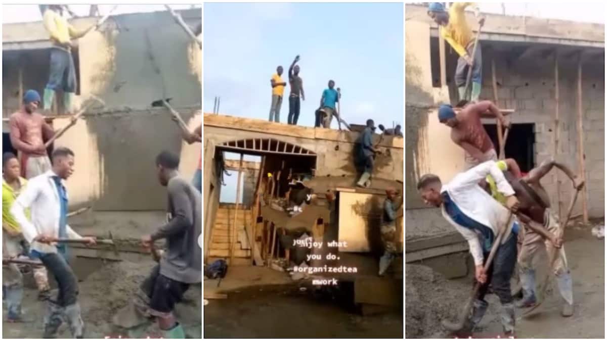 Dignity in labour: Bricklayers at work show their happiness as they dance with shovel in sand; peeps react to video