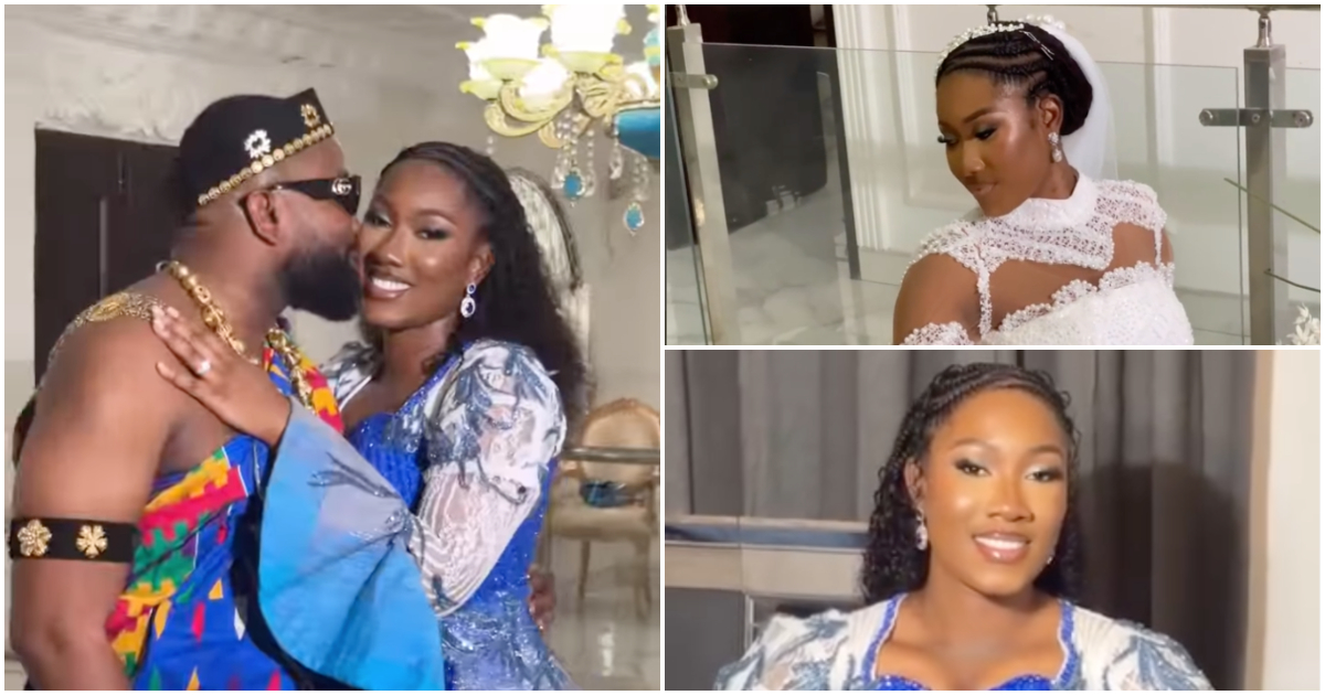 Ghanaian bride goes viral as she slays in elegant long-sleeve kente gown and cornrow hairstyle for her wedding