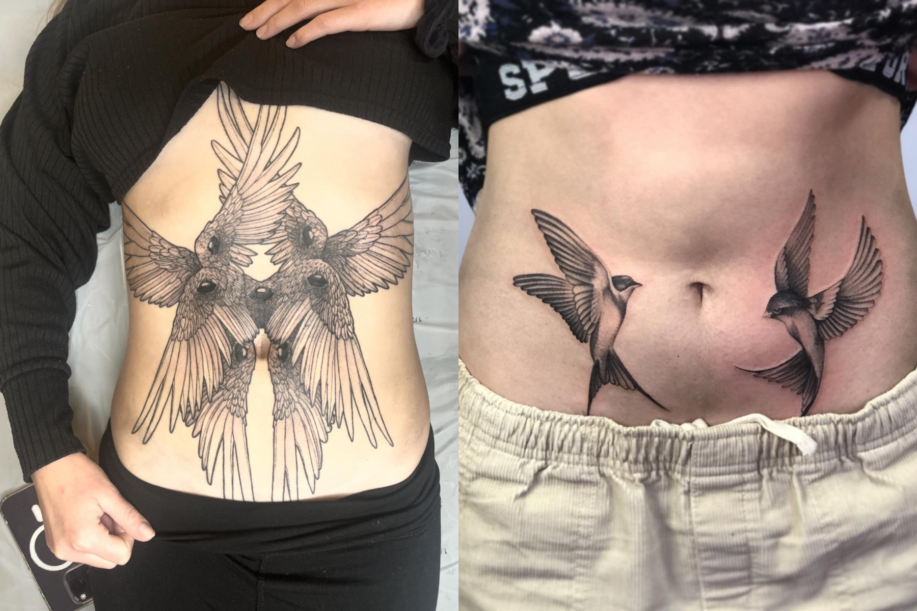 A woman with birds wings tattoo (L) and another one with 2 birds tattoo