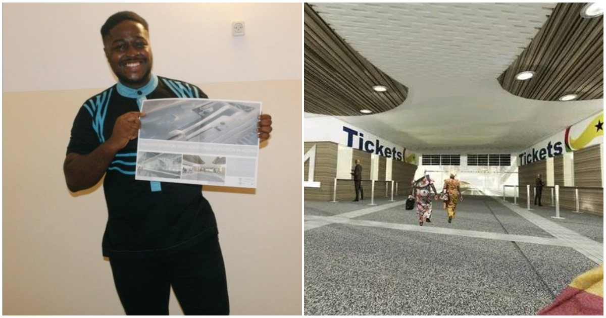 Stephen poses with his architectural design of a railway station in Accra