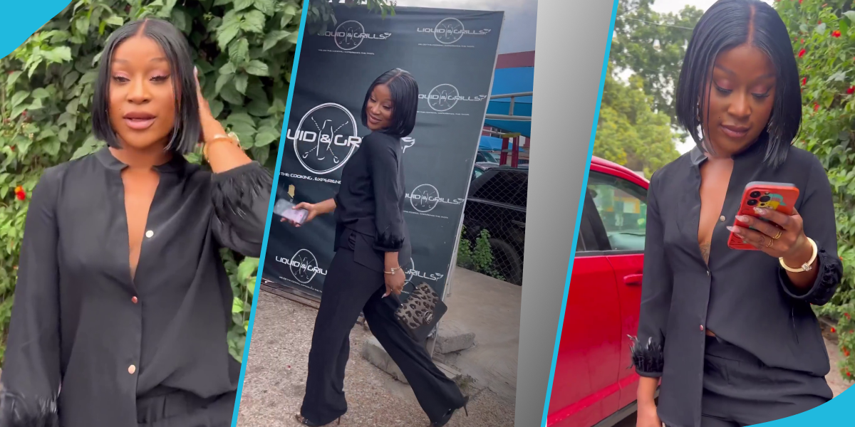 Efia Odo covers up in an all-black outfit, Ghanaians applaud her decent look: "She has dressed well"