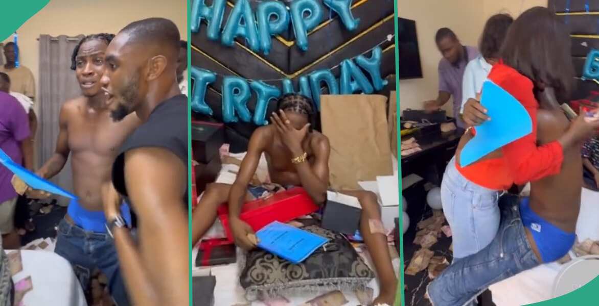 Man weeps as girlfriend gifts him landed property, others on birthday: "This kind guy go sabi love"