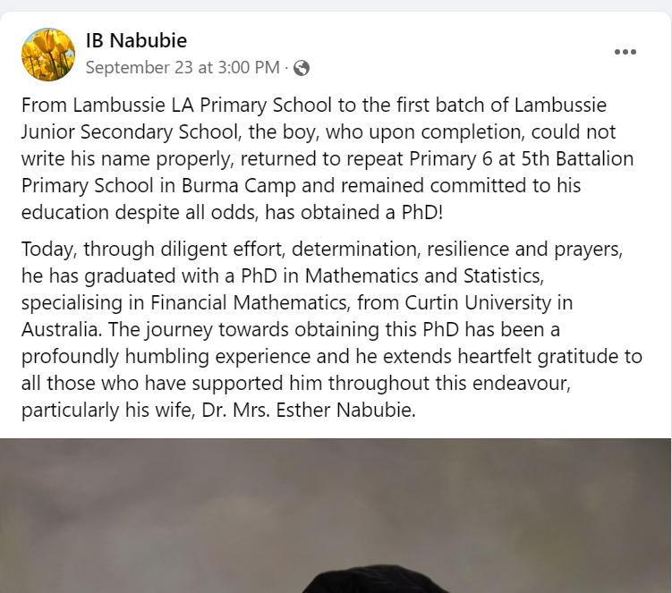 A screenshot of Dr Bashiru Nabubie's post on Fcaeboo.