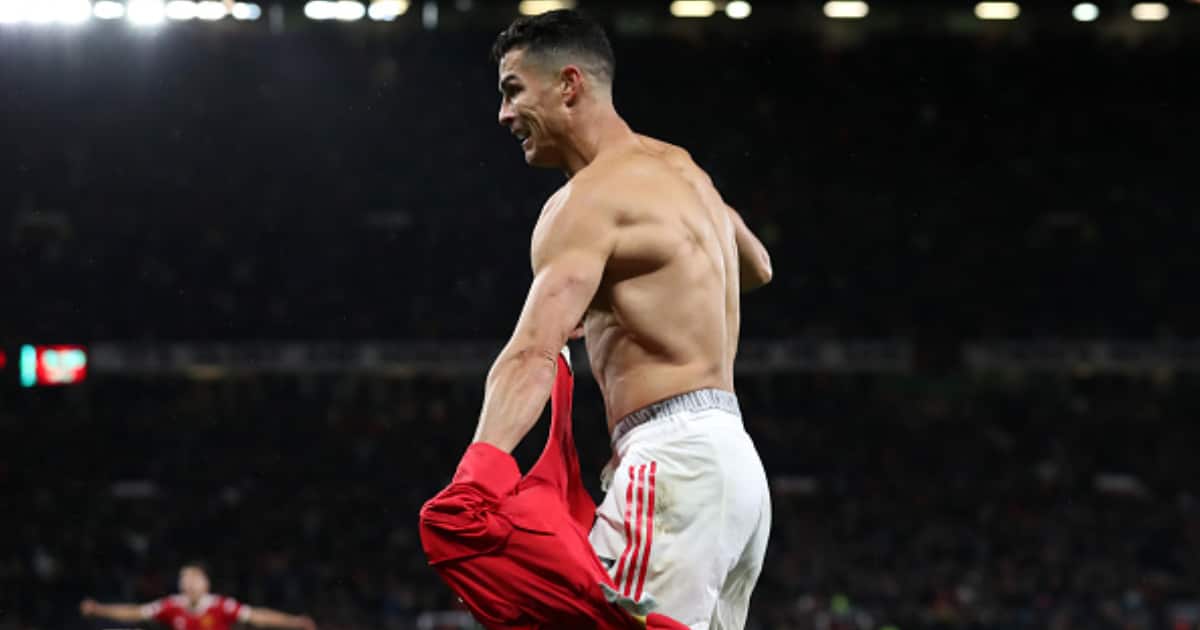 Cristiano Ronaldo celebrates after scoring his side's second goal against Villarreal CF at Old Trafford on September 29, 2021 in Manchester, England. (Photo by Jan Kruger - UEFA/UEFA via Getty Images)