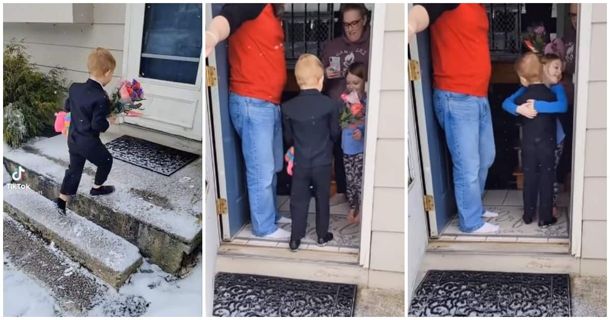 Boy, 5, in suit wows crush as he visits her home with chocolates & flowers for Val, gets sweet hug in clip