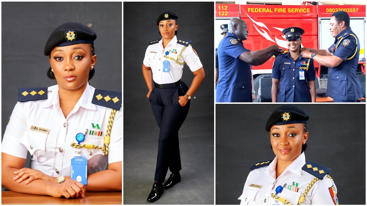 A collage showing the beautiful woman in her fire service uniform.
Photo source: Twitter/@cutedoosh