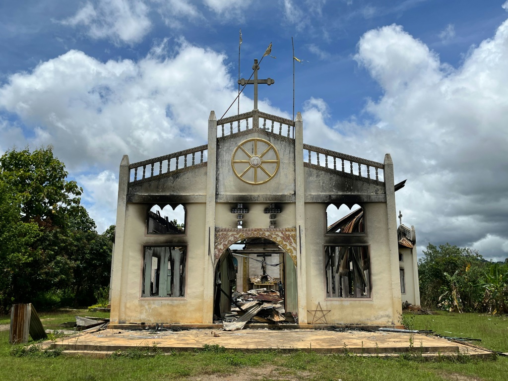 An Amnesty International photo shows a Christian church destroyed after being burned down by the Myanmar military, according to the rights group, in Daw Ngay Ku village in Hparuso township, in eastern Myanmar's Kayah state