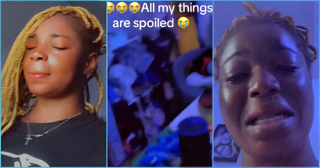 Young lady cries like a baby after Monday's rains flood her newly rented room