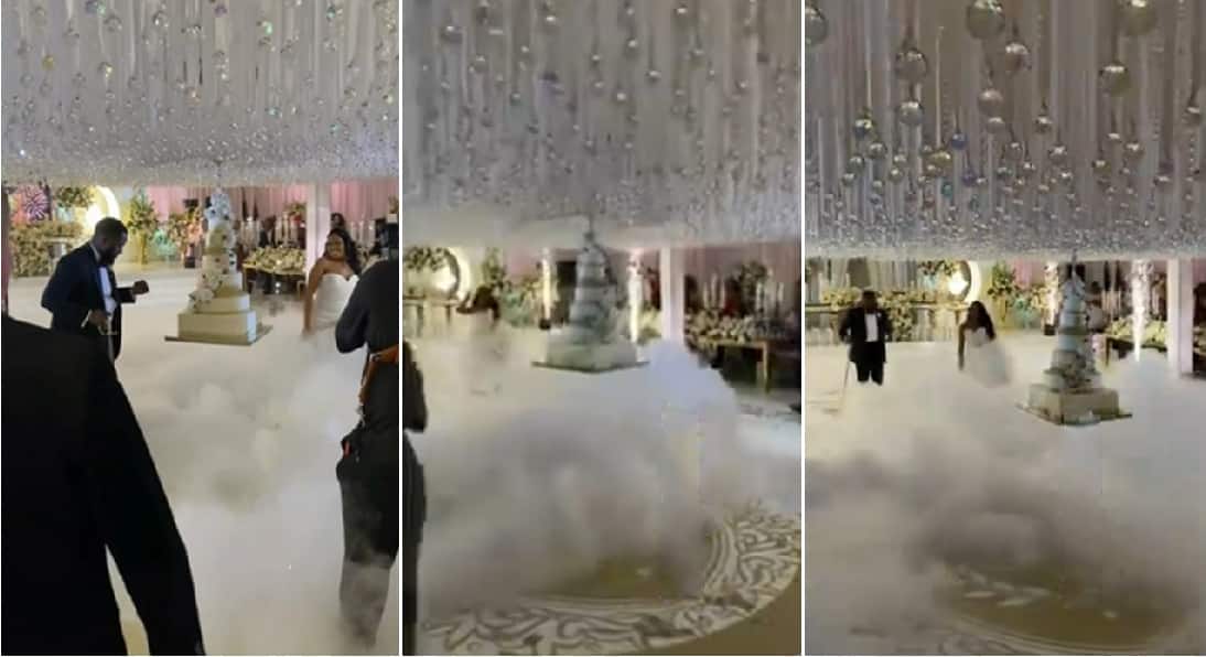 Wedding guests were surprised as the cake came down from the clouds in an amazing video.
