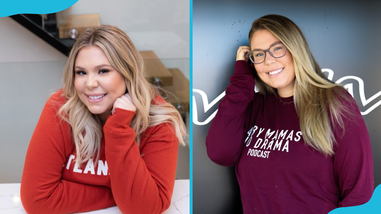 Kailyn Lowry wearing a red top (L) and a maroon one with glasses