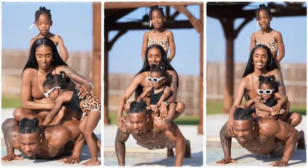 Photos of man carrying his pregnant wife and 2 kids on his back.