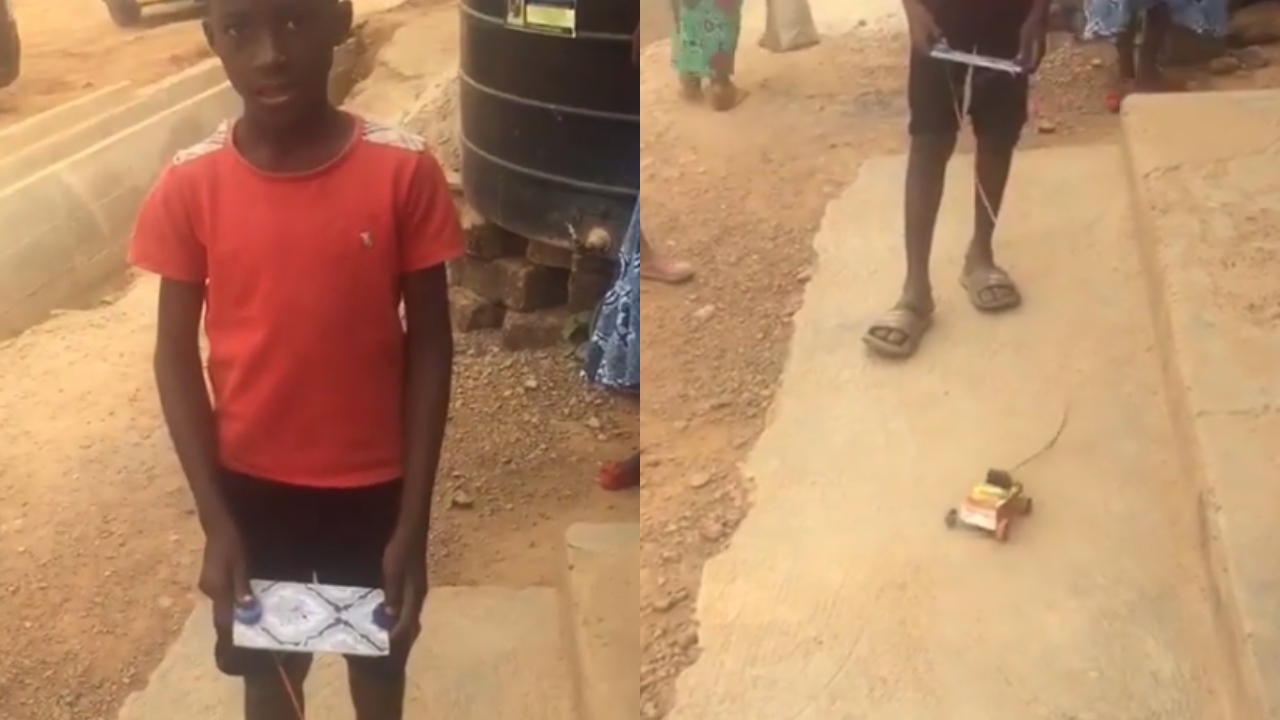 Young Obuasi boy creates remote-controlled car with straw & Kalypo box