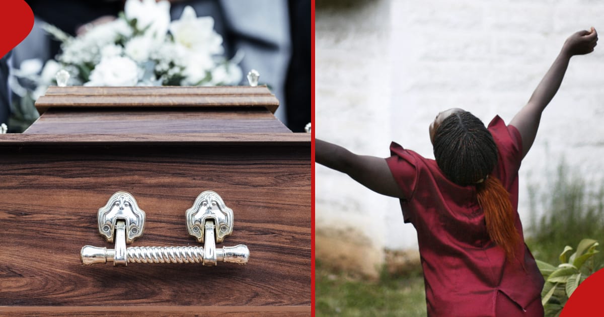 Collage of a coffin (l) and a woman wailing in pain (r)