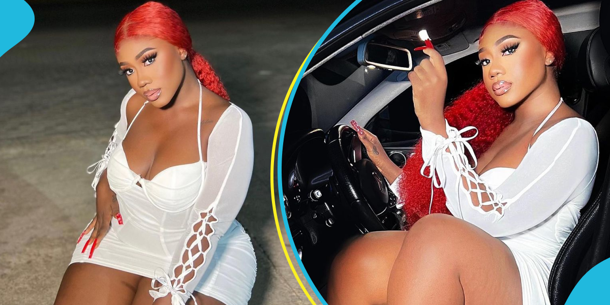 Hajia Bintu shows off plush Mercedes-Benz CLA, slays in white mini dress, rocks red hair, nails and heels