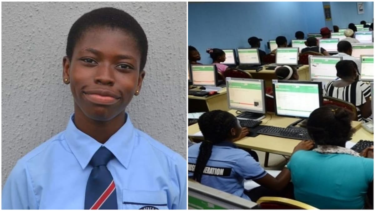 A collage showing the brilliant girl and a UTME centre. Photo source: Twitter/Insideschool Nigeria/Vanguard